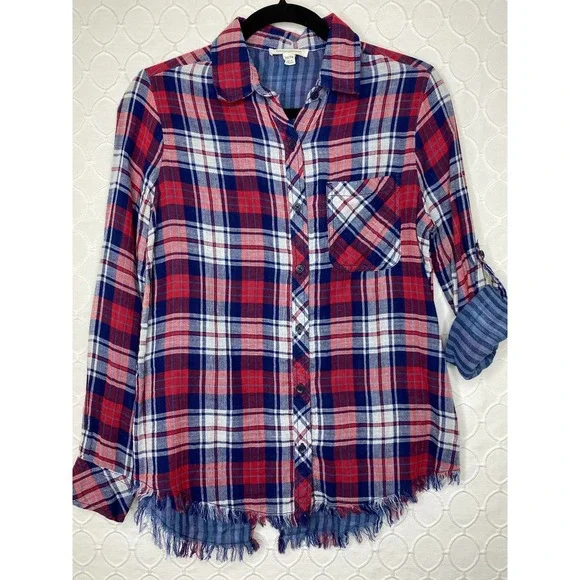 BeachLunchLounge Maxwell Plaid Raw Hem Shirt - Picture 1 of 5